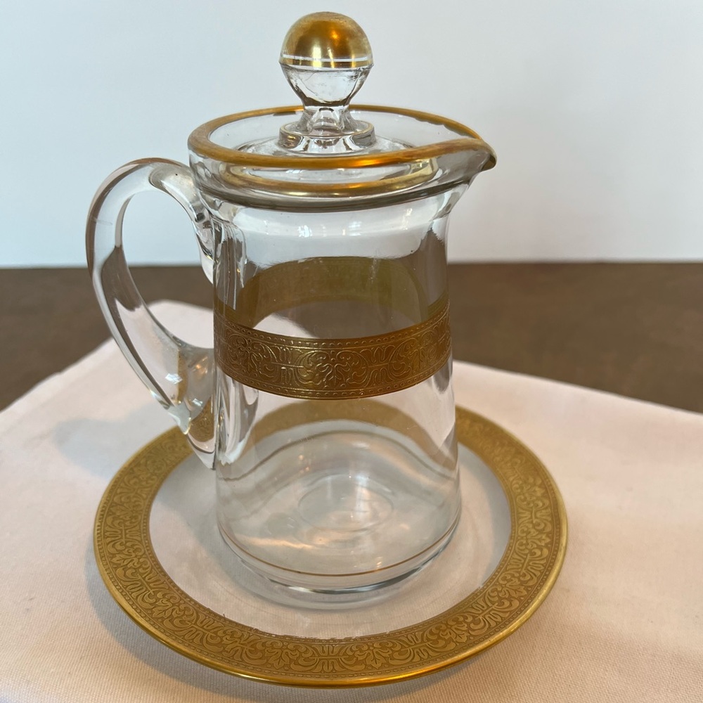 Rare Find Tiffin Glass Gilded Lidded Syrup Pitcher w Saucer, early 20th Century - Picture 11 of 11